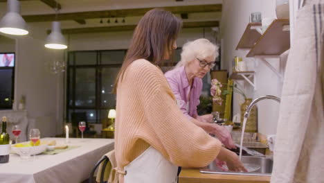 side view of a woman washing the family dinner dishes at the sink in the kitchen while her mother removing the plates from the table