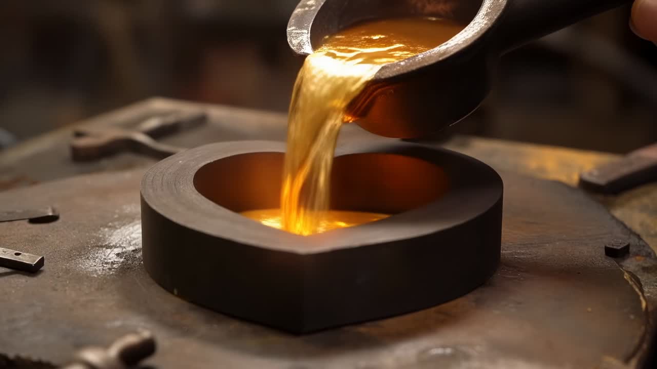 Mestolo per colare che sprona l'operatore a versare metallo fuso in uno stampo a forma di cuore di ferro sul banco di lavoro dell'officina per formare un cuore