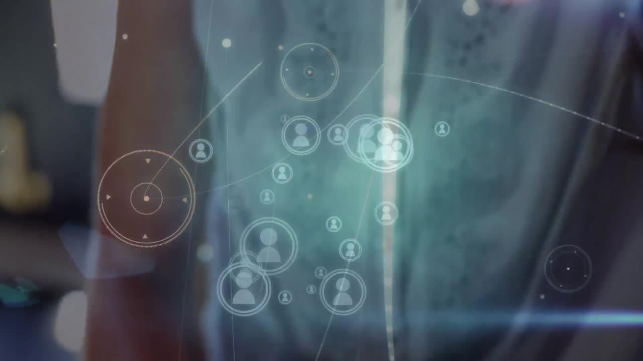 animación de la red de conexiones sobre la mujer usando auriculares vr