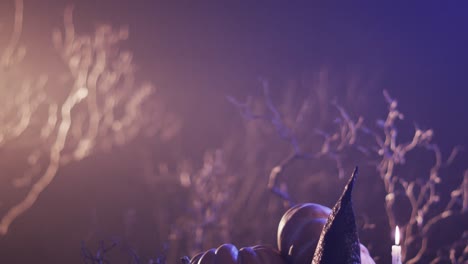 video of halloween pumpkins, hat, candle and copy space on purple background