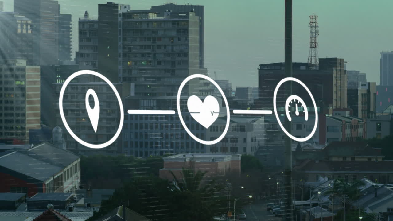 animación de la red de gps, salud y iconos de carga de datos sobre el paisaje urbano moderno