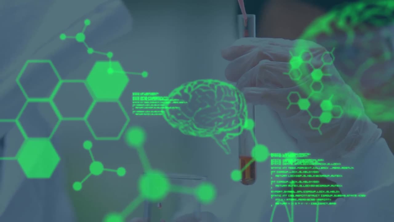 animación del procesamiento de datos científicos y cerebros humanos sobre diversos científicos en el laboratorio