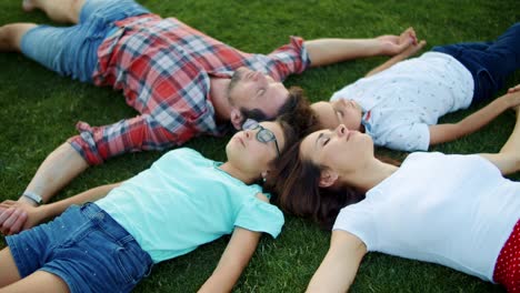 familia acostada en la hierba verde en un círculo. niños lindos y padres relajándose en el campo