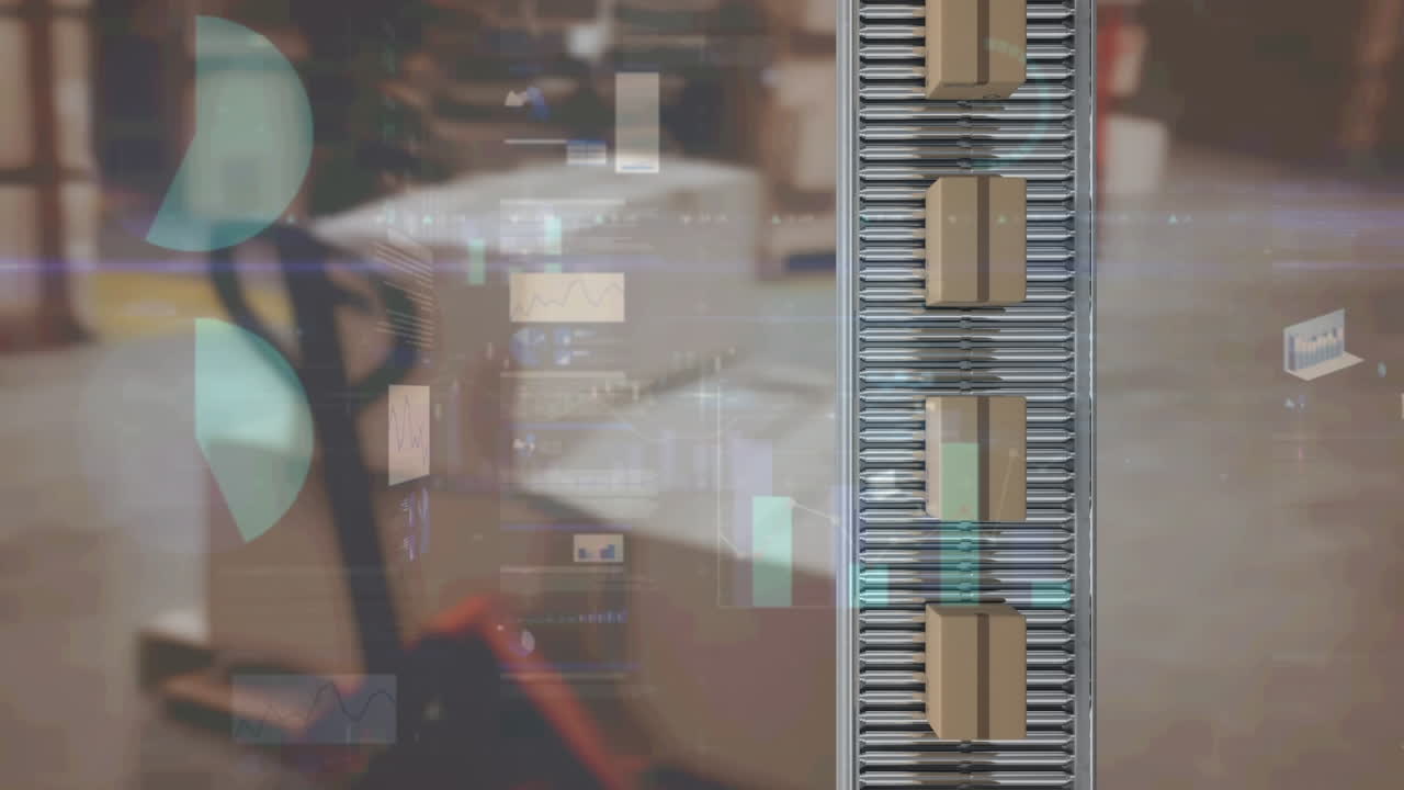 animación de estadísticas y procesamiento de datos sobre cajas de cartón en cinta transportadora