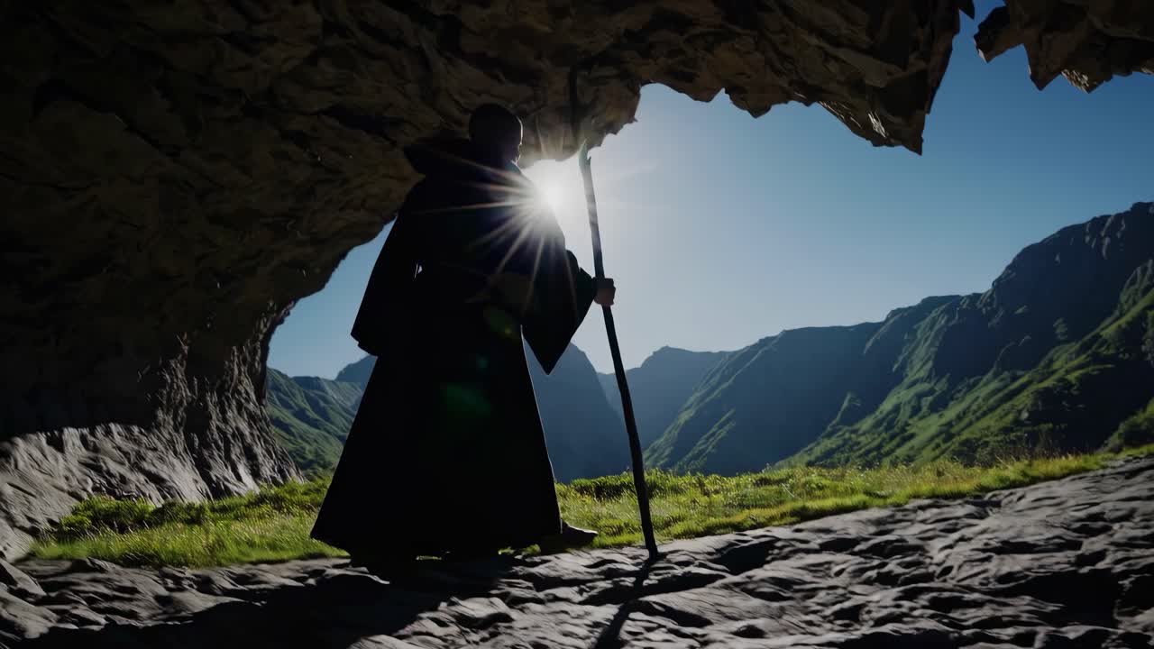 Silhouette of a hooded figure with a staff, standing at a cave entrance, overlooking mountains