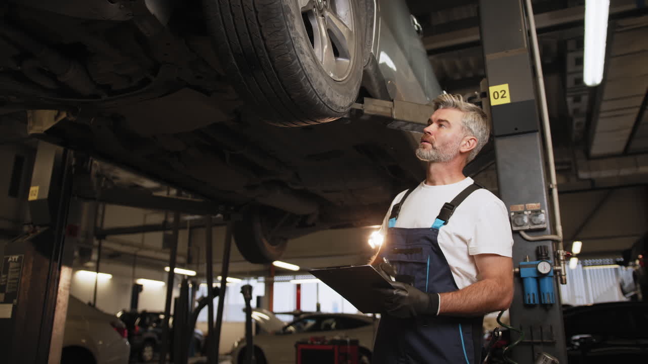 mecánico inspeccionando un coche bajo un ascensor en un garaje