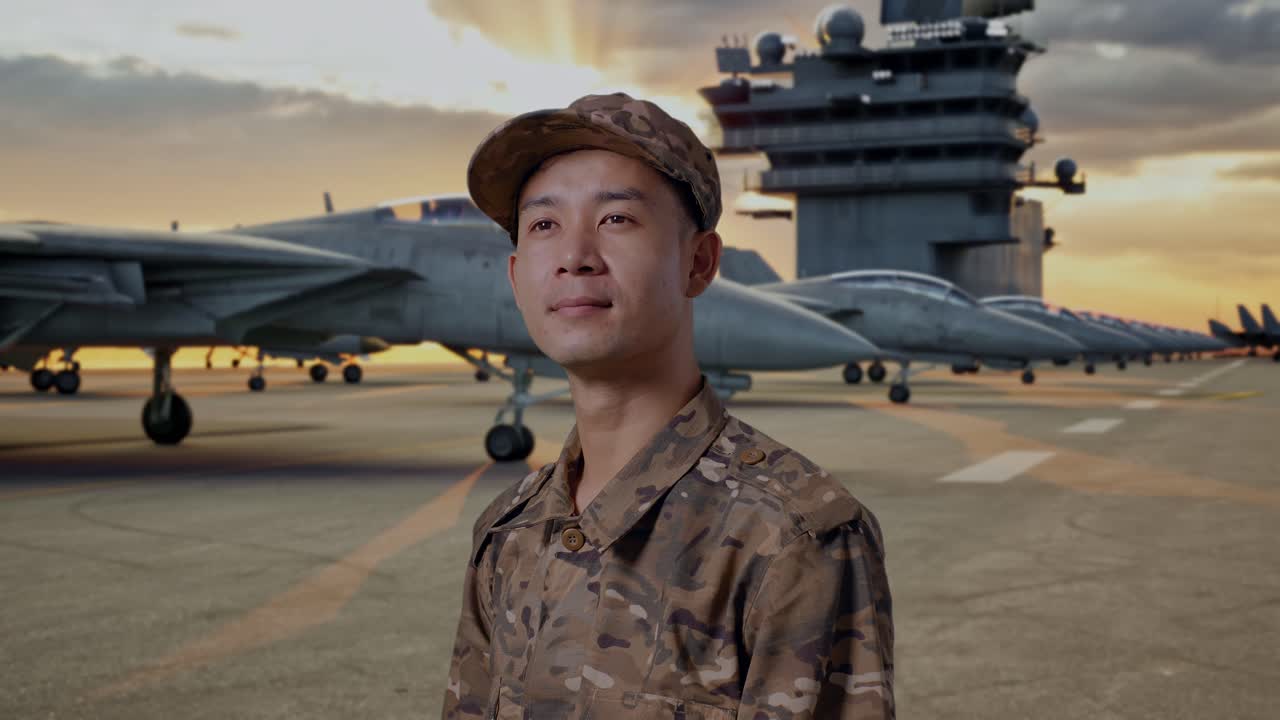 Military Personnel on Aircraft Carrier Deck at Sunset