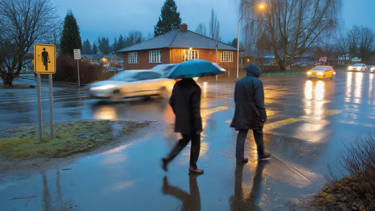 Two Individuals Cross a Rainy Intersection in Dusk Light, Shielded by Umbrellas, While Traffic Flows on Wet Streets Reflecting Nearby Streetlights