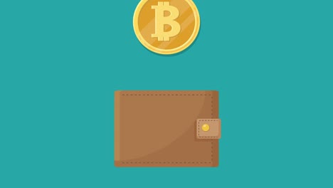 replenishment of purse with bitcoin coins. cartoon animation of wallet with money. cash savings symbol. fundraising business concept. financial contribution to charity or donation. alpha channel. 4k