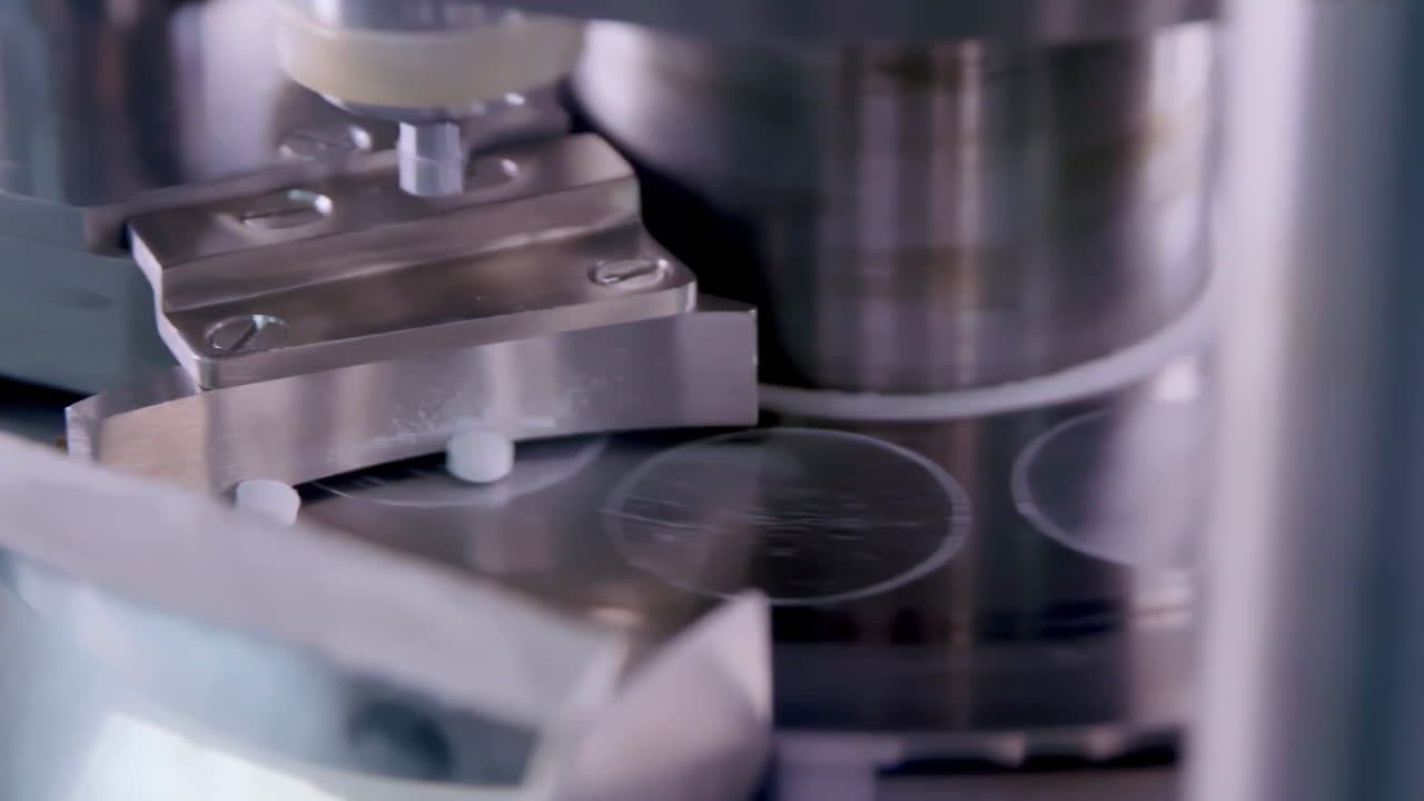 Pharmacy pills white tablets being pressed on a production line by modern pharmaceutical manufacturing facility machine