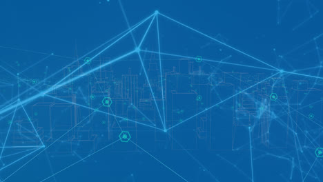 Animation-of-network-of-connections-with-icons-on-blue-background