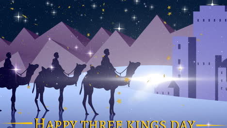 animation of happy three kings day text over kings and camels silhouettes