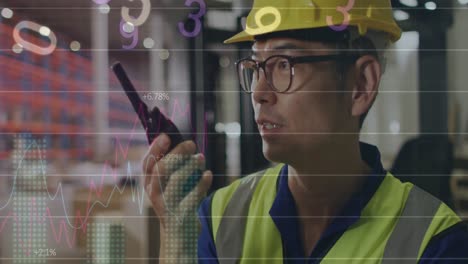 animation of statistics and data processing over biracial man working in warehouse