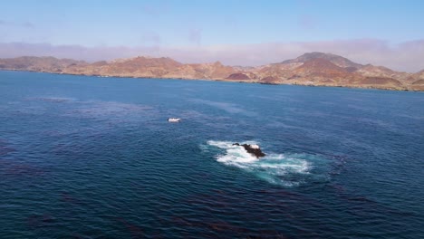 a fishing boat floating near cedros island as soft sunlight illuminates the tranquil blue waters next to rocky outcropping, aerial orbit