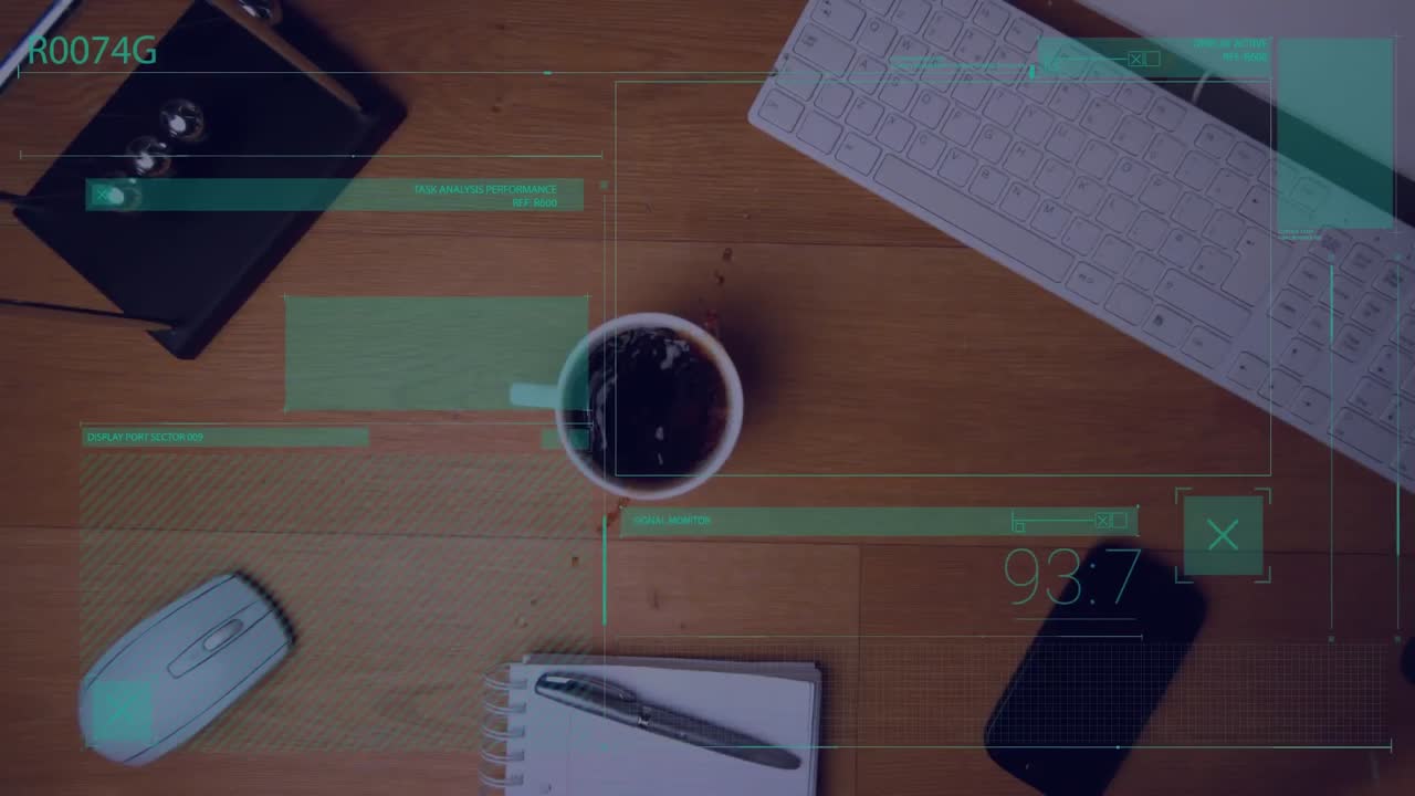Animation of statistics and data processing over desk with computer and office items
