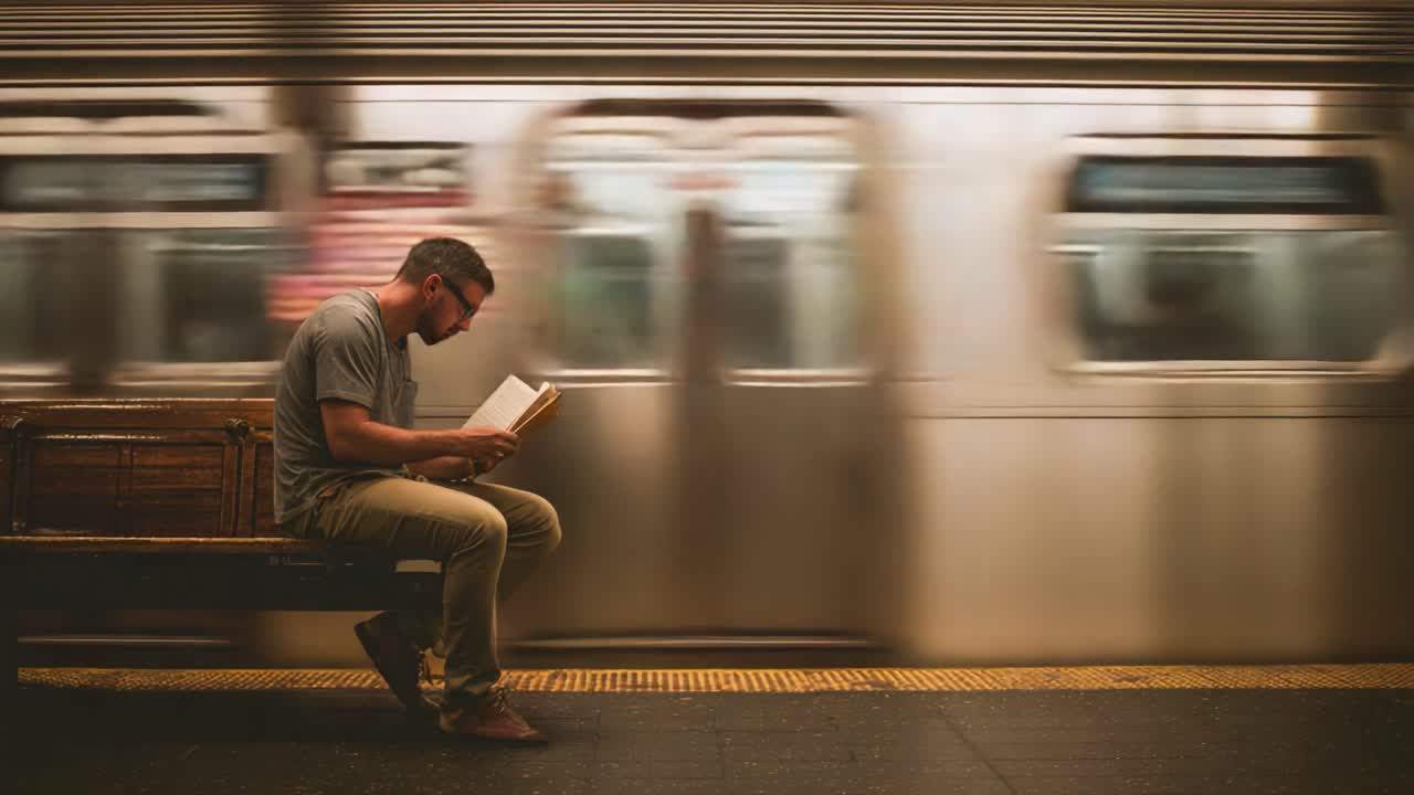 A Passenger Deep in Thought: A Man Reading a Book While Waiting for His Train on a Busy Subway Platform, Capturing the Essence of Urban Life and Solitude