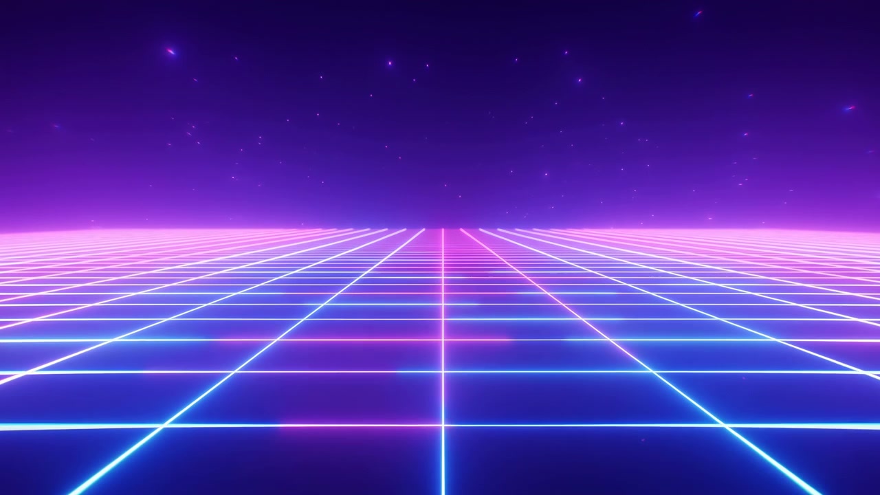 Vista dal basso di un pavimento a griglia neon ciano luminoso che si estende verso un punto di fuga centrale sotto un cielo con sfumature viola, stelle sparse e una foschia magenta