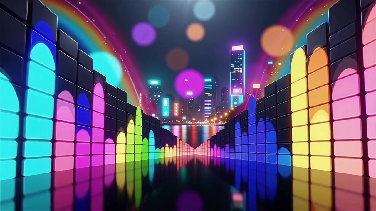 Fundo Futurista com Visualizador de Equalizador de Música Neon Arco-Íris.