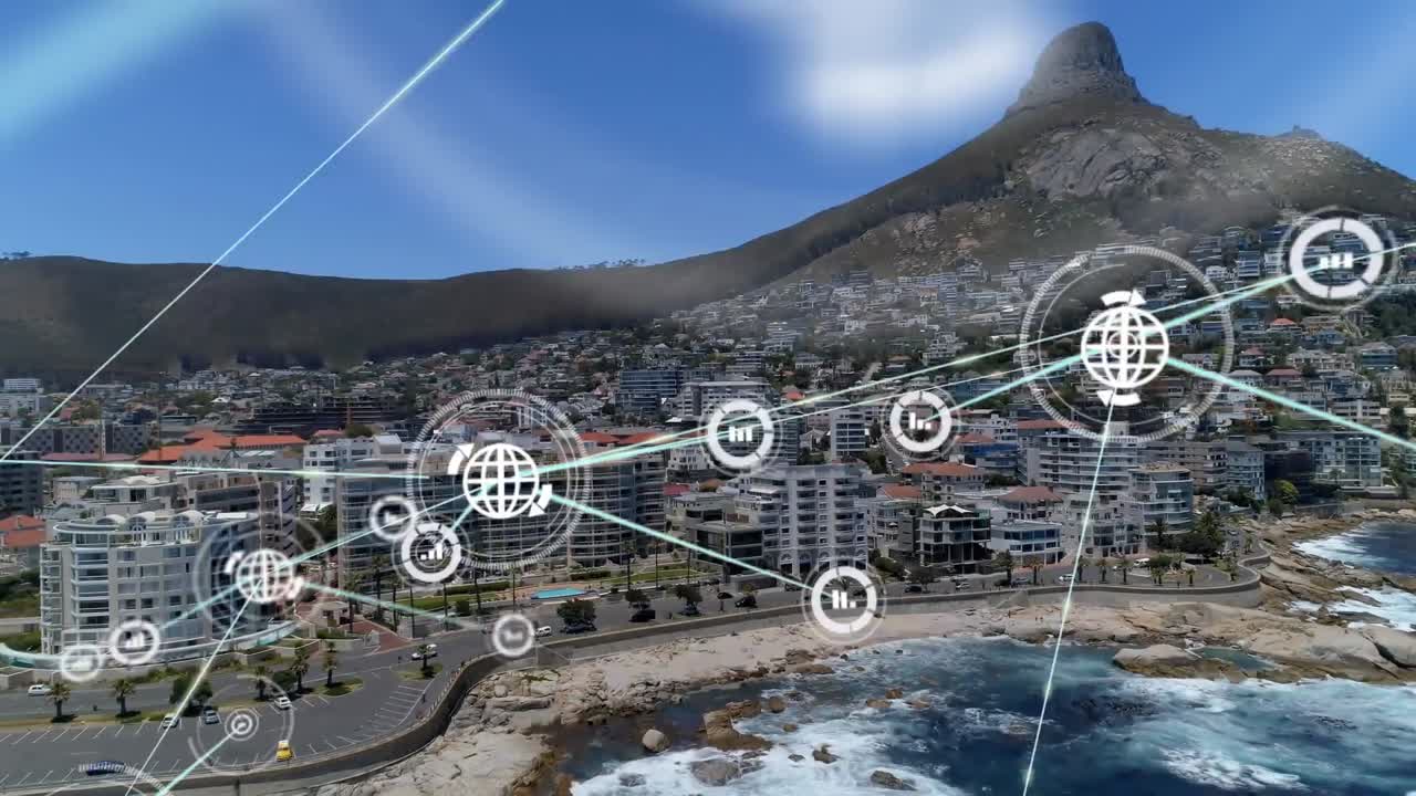 animación de la red de conexiones con iconos sobre el paisaje urbano