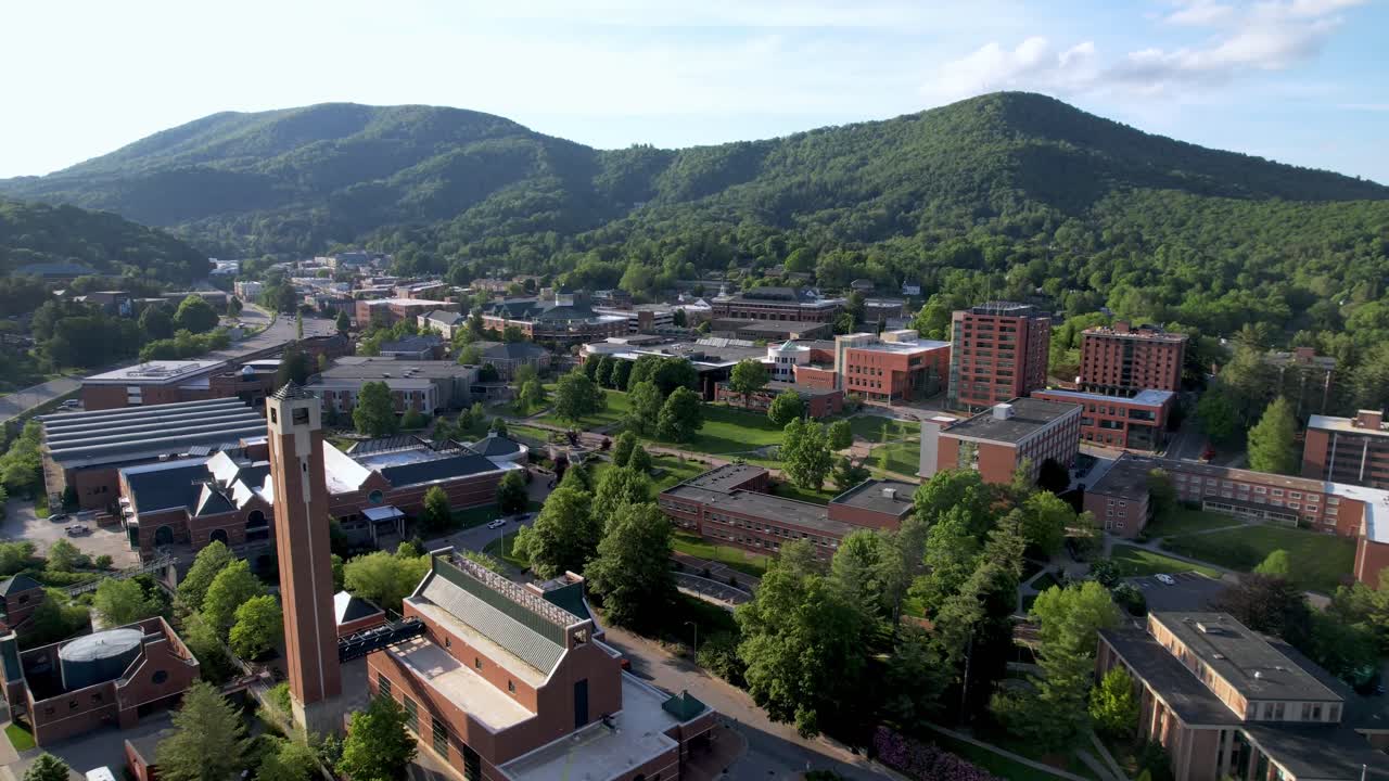 empuje rápido aéreo hacia el campus de la universidad estatal de los apalaches en boone nc, carolina del norte