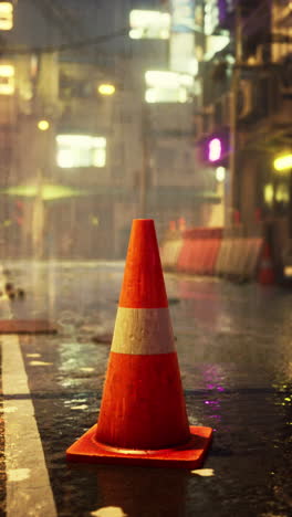 cono de tráfico en una calle húmeda de la ciudad por la noche