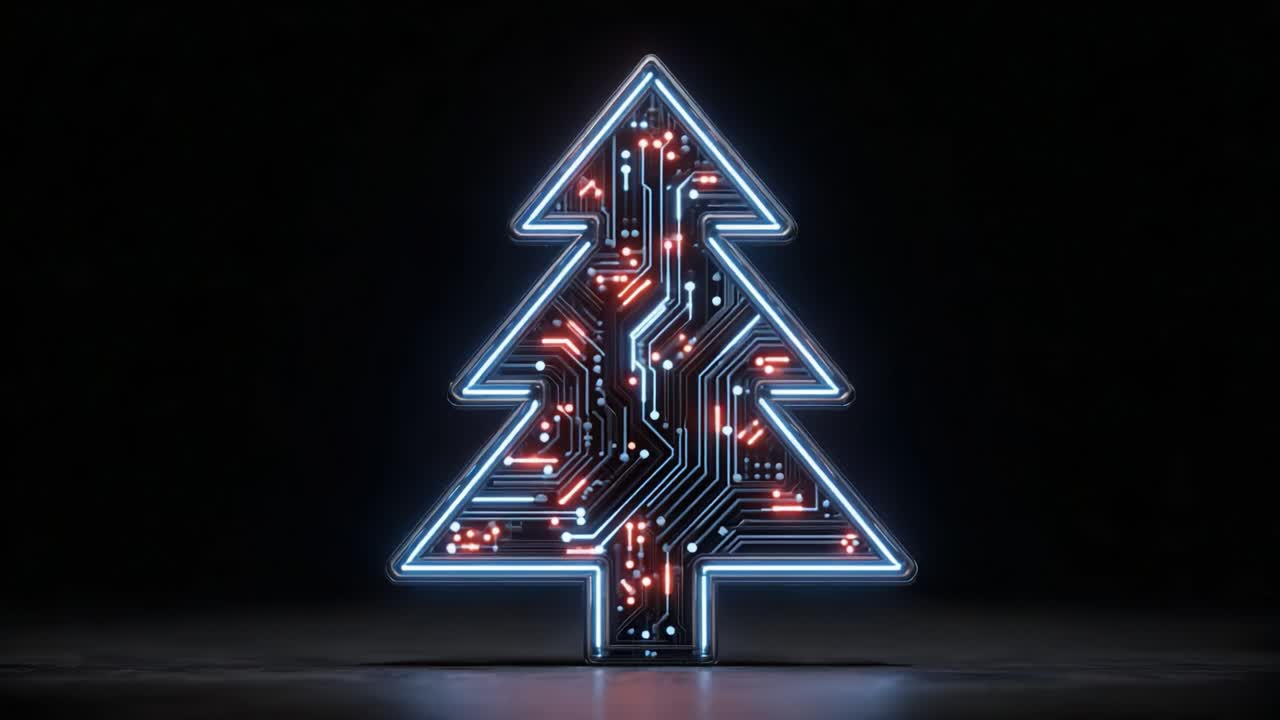 A Futuristic Christmas Tree Design Featuring Circuit Patterns and Illuminated LED Details, Blending Traditional Festivity with Modern Technology Aesthetics