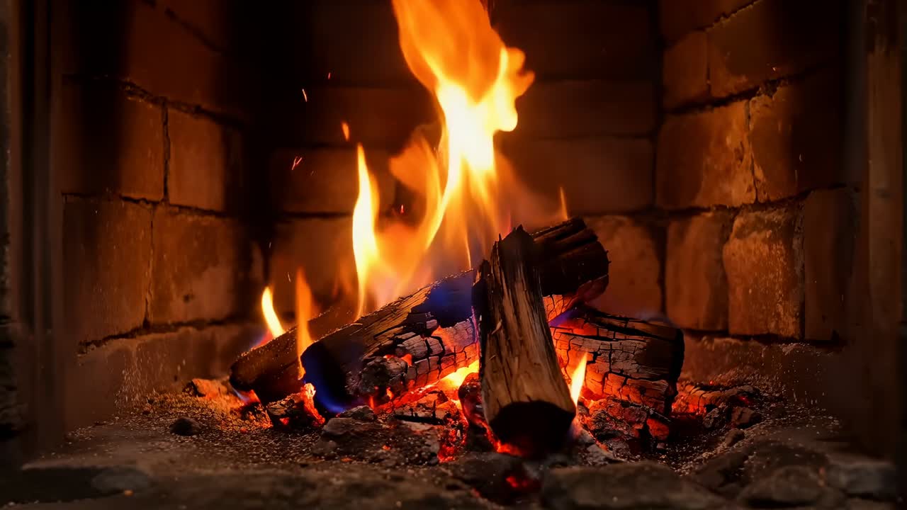 Crepitar de leños carbonizados con ascuas y chispas en un hogar de ladrillo, calentando la habitación