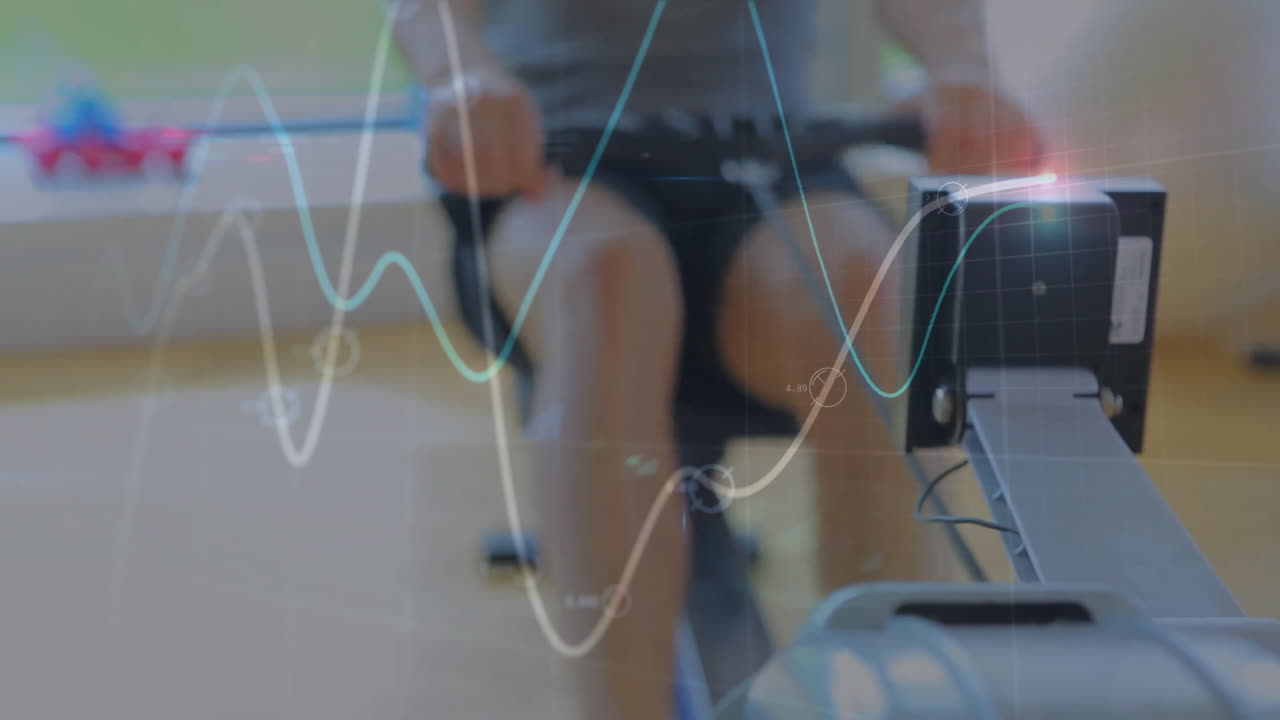 Man rowing on rowing machine in home gym, displaying floating fitness performance data charts