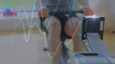 man rowing on rowing machine in home gym, displaying floating fitness performance data charts