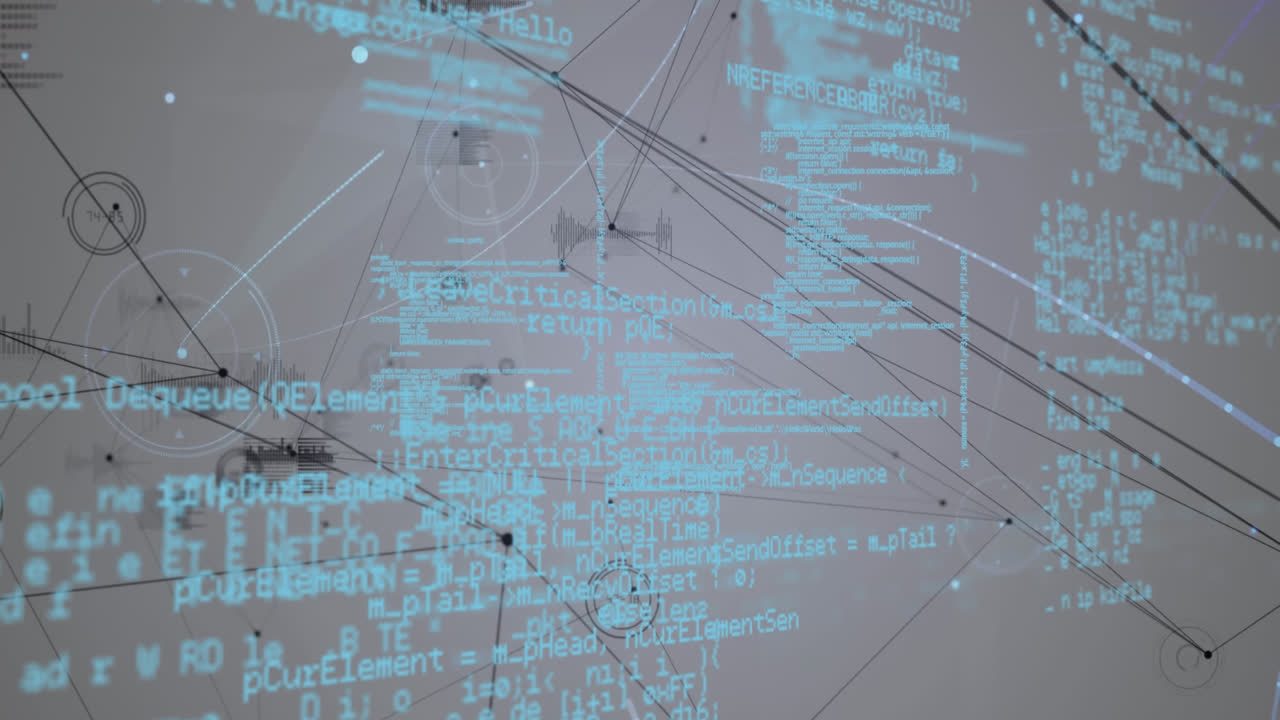 회색 배경에 빛의 반점에 대한 연결 네트워크와 데이터 처리의 애니메이션