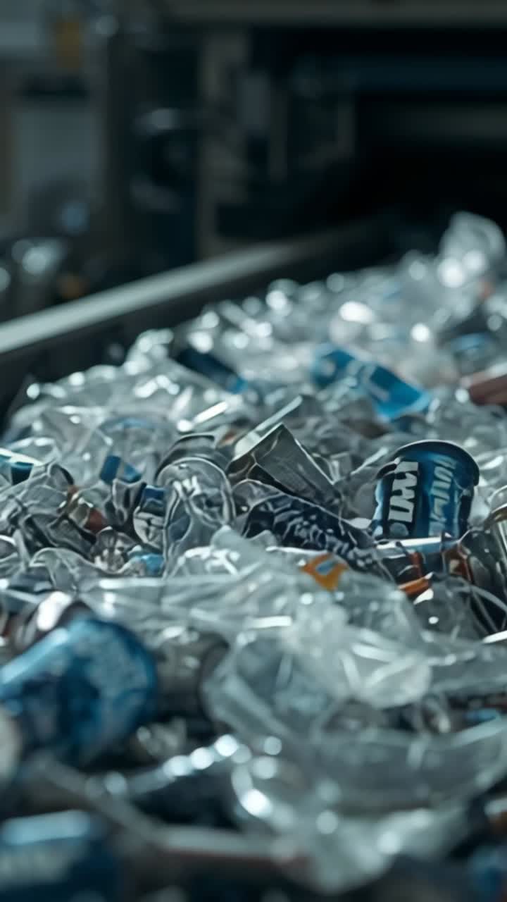 Vertical video: Advancing metal belt pushing crushed cans, plastic fragments in recycling facility
