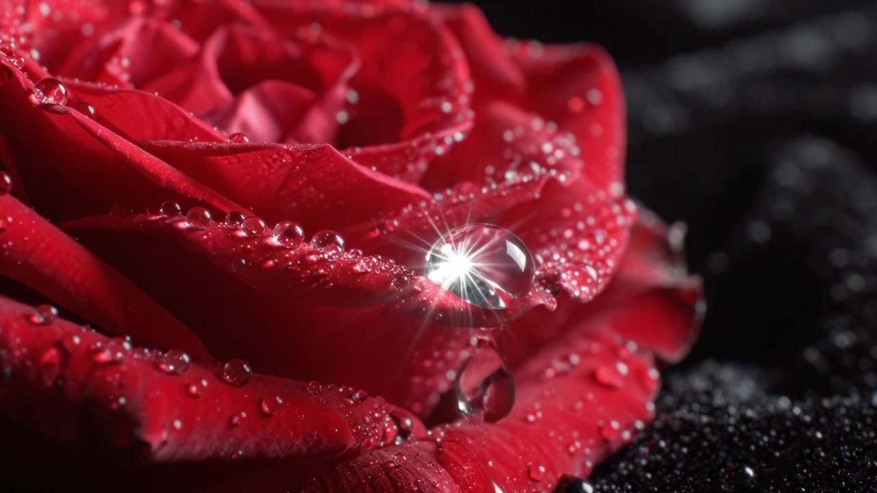 Stunning Close-Up of a Dew-Kissed Red Rose Petal Highlighting the Intricate Details of Nature's Beauty Against a Soft Black Background