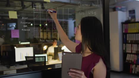 video de una mujer asiática con tableta y tablero de vidrio trabajando hasta tarde en la oficina