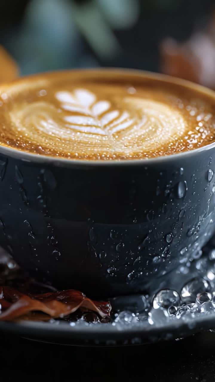Nærbillede af en smukt udformet kop kaffe med kunstnerisk skumdesign, omgivet af vanddråber, der indfanger de rige teksturer og varme aromaer fra en dampende drik