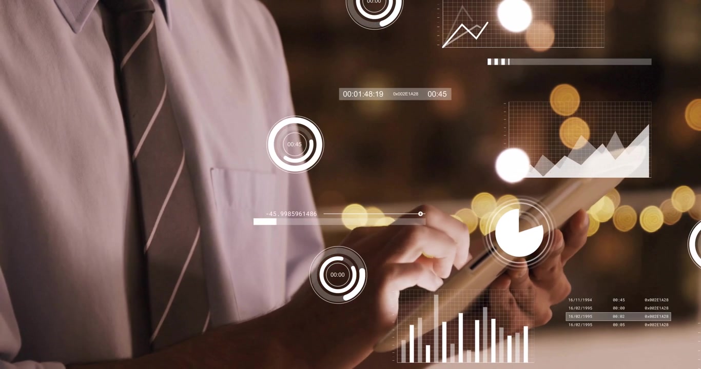 Animation of infographic interface and cropped caucasian businessman using digital tablet