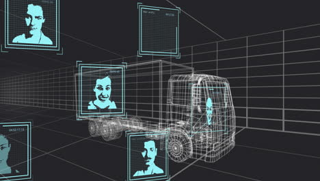 wireframe truck with digital profiles and data processing animation overlay