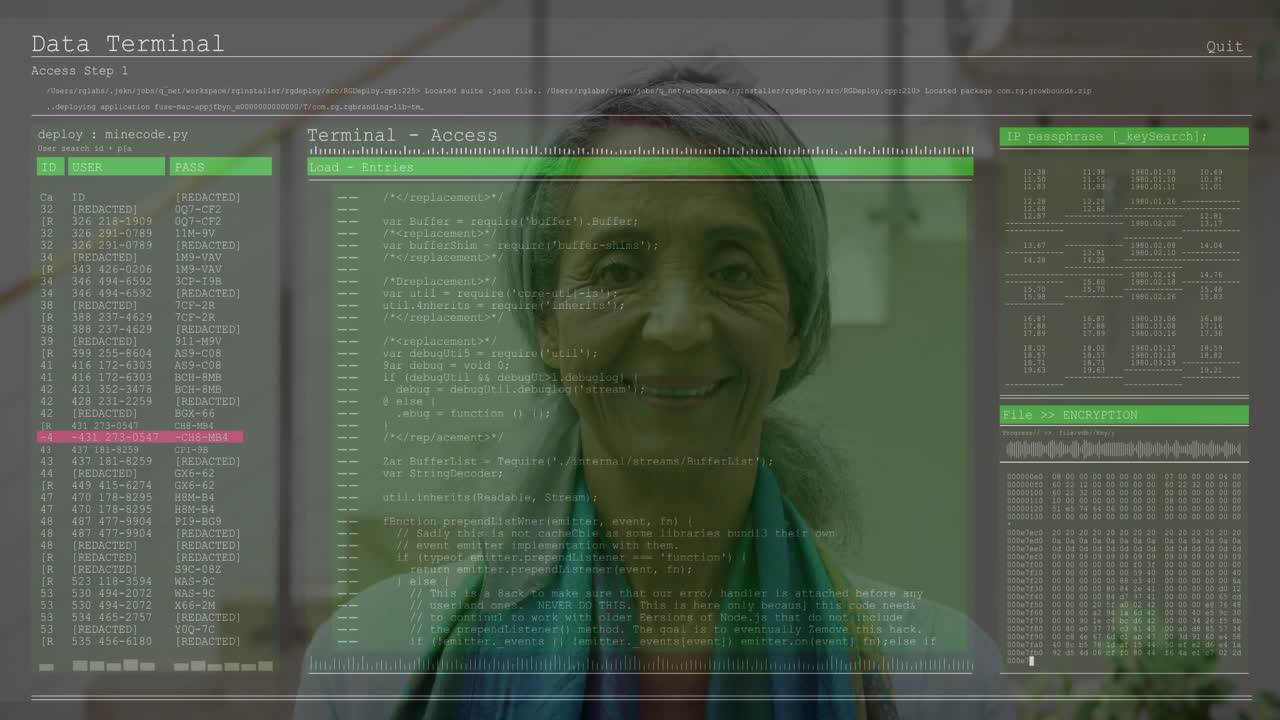 Elderly woman using animation with digital data interface overlay