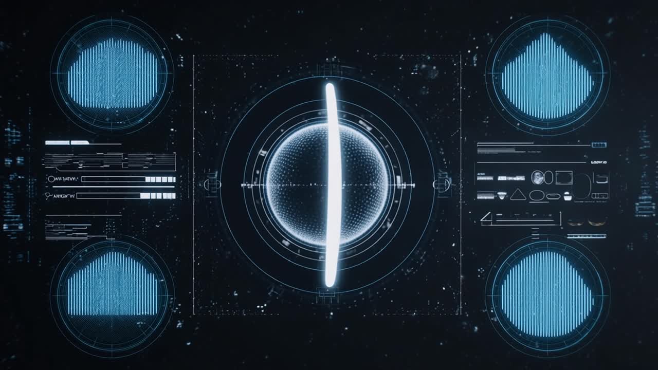 Futuristic Digital Interface with Data Visualization and Rotating Rings