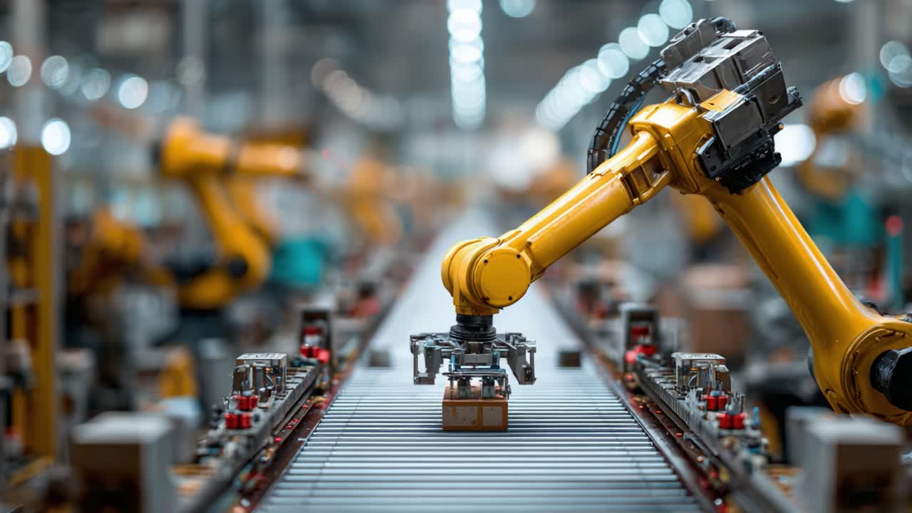 Automated Manufacturing Process: Robotic Arm Picking and Placing Packages on Conveyor Belt in a Modern Warehouse Setting