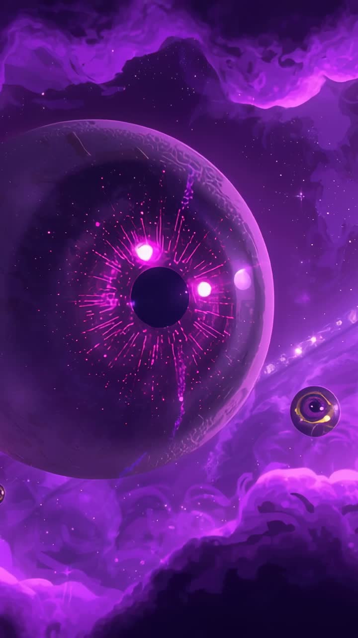 Vertical video: Pulsing violet sphere sending magenta streaks from core in nebula with small orb