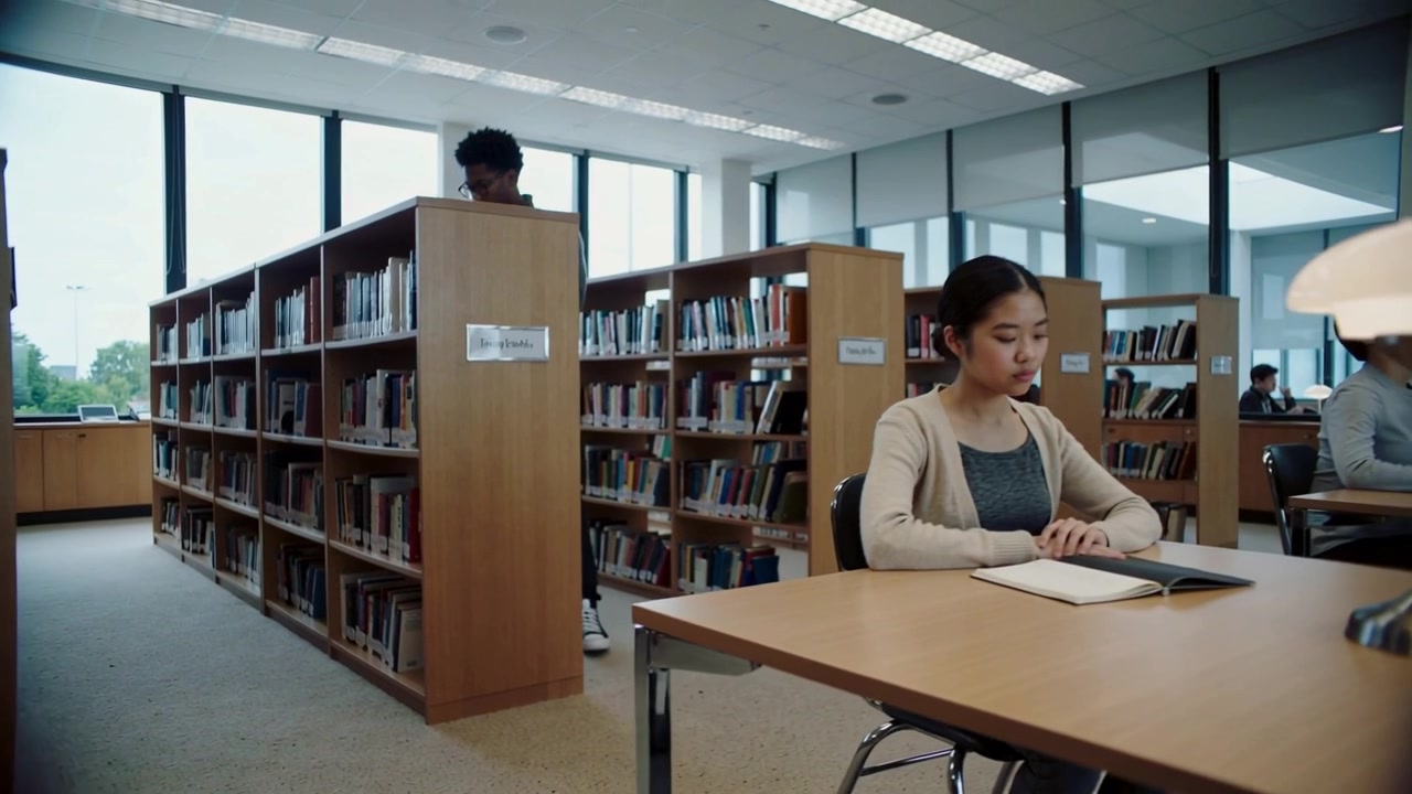 Panorâmica revelando uma mulher de cardigã bege lendo um livro em uma biblioteca, um homem procurando nas prateleiras, com espaço para texto.