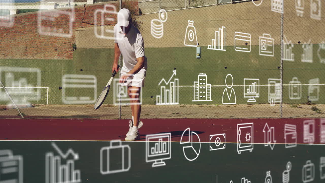 mid-adult male tennis player reaching ball on outdoor tennis court, overlaying faint finance icons