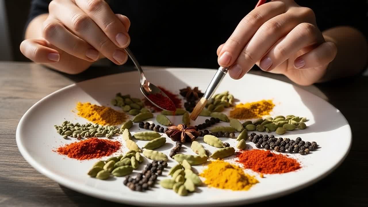 A Culinary Artistry Display Featuring an Array of Vibrant Spices and Condiments Expertly Arranged on a Plate, Capturing the Beauty of Flavorful Ingredients in Meal Preparation