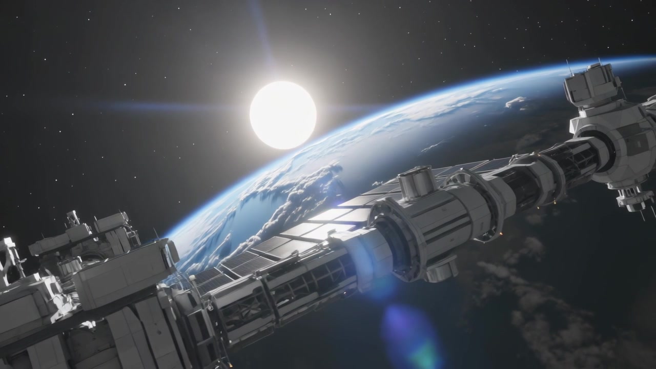 軌道運動によって地球上空を移動する宇宙ステーションのトラス。太陽光がパネルをかすめ、モジュールが見えている