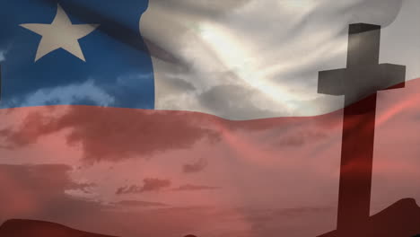 waving chilean flag with large cross silhouette against cloudy sky in animation