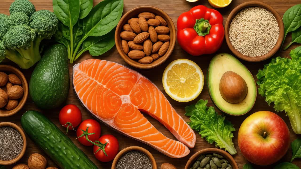Top-down view of fresh, colorful healthy foods like salmon, nuts, and veggies, styled for a vibrant