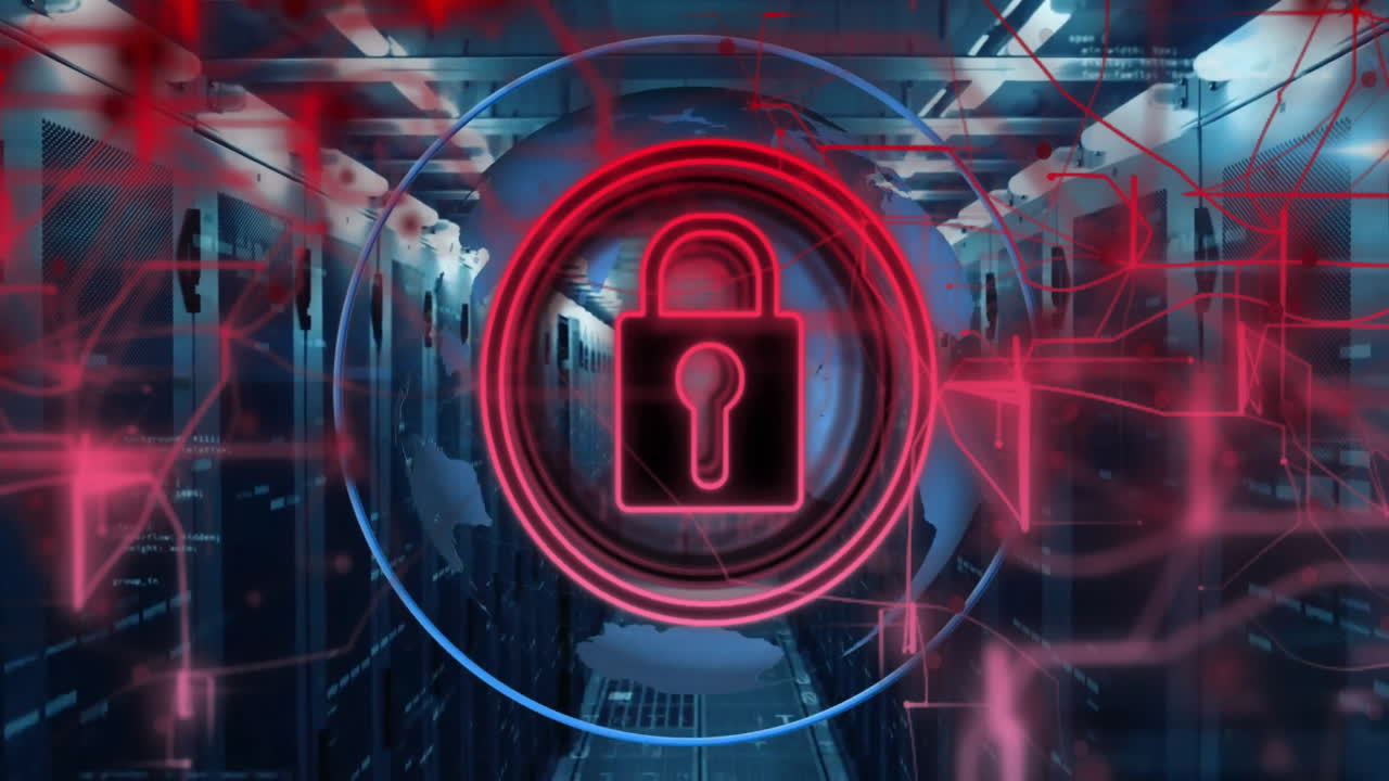 animación de candados y procesamiento de datos digitales a través de servidores informáticos