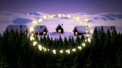 Yellow-decorative-fairy-lights-against-winter-landscape-with-house-and-trees