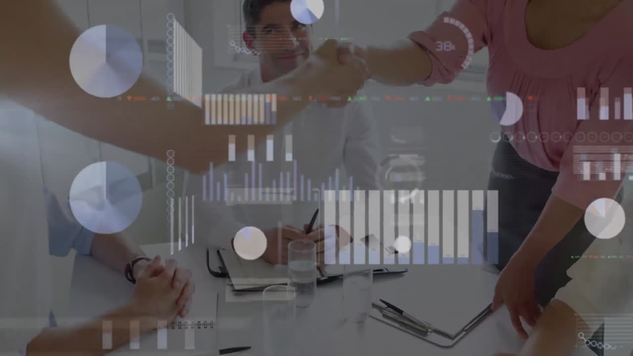 animación de estadísticas y procesamiento de datos sobre el apretón de manos de un empresario