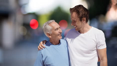 animation of happy senior caucasian man with adult son over city